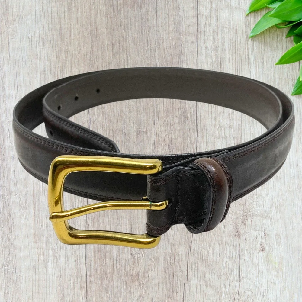 Vintage Y2K Brown Burnished Leather Dress Belt Sz 38 Classic Gold Tone Buckle